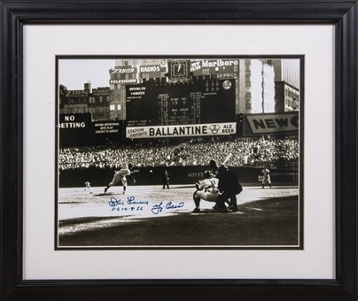 Yogi Berra and Don Larsen Dual Signed & Framed 15 x 17 Photo of the First Pitch of the Perfect Game with "PG 10-8-56" Inscribed (Beckett)